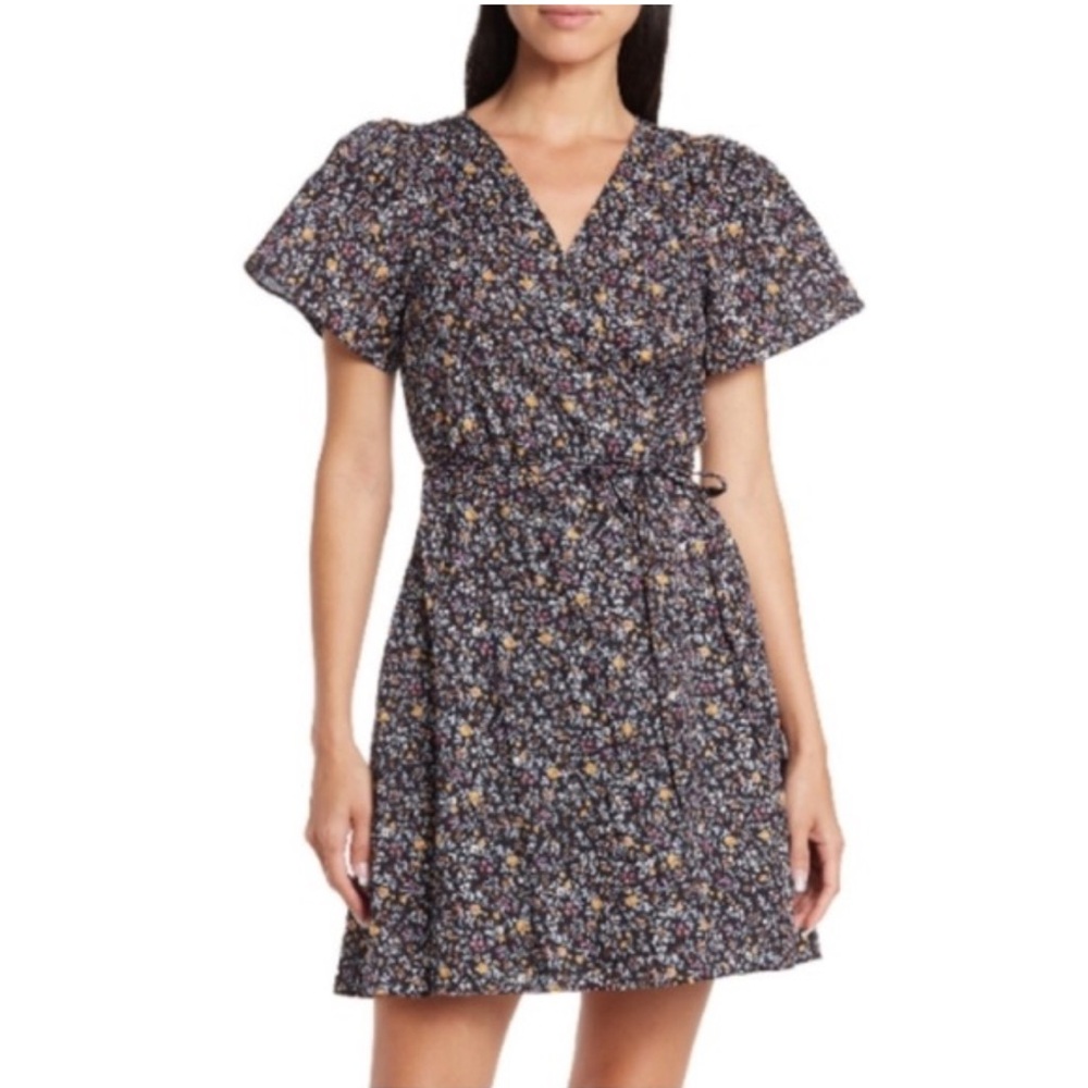 Madewell Short Sleeve Mini Wrap Dress Navy Wildflower Floral Cotton Summer-L